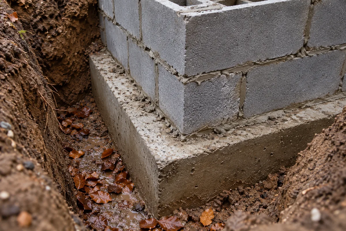 Angle de fondation dégagé au bord d’une fouille, semelle en béton et premier rang de blocs