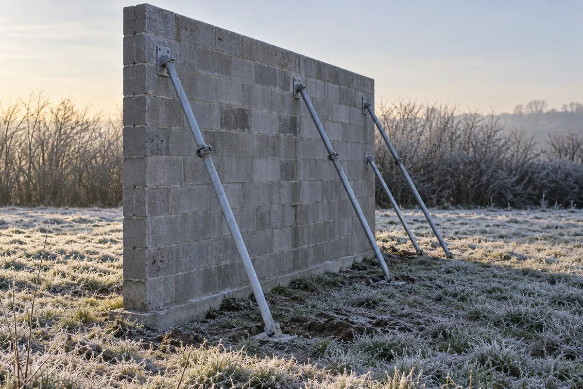Mur en blocs de béton nu maintenu par des étais métalliques sur un terrain givré