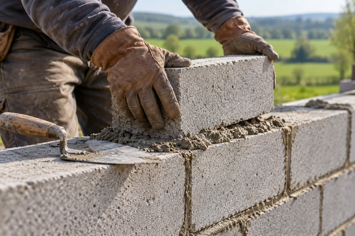 Mains gantées posant un bloc de béton sur un lit de mortier frais au sommet d’un mur