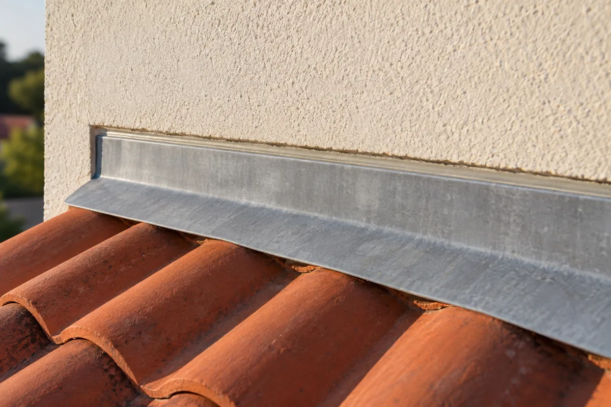 Bande de zinc engravée dans un mur enduit au-dessus d&rsquo;une rive de tuiles
