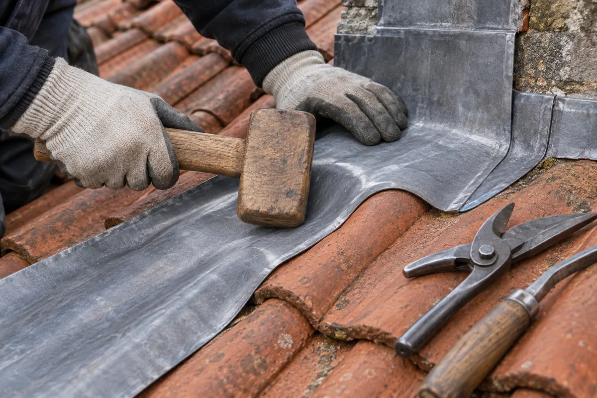 Mains gantées travaillant une bande de plomb à la batte sur des tuiles