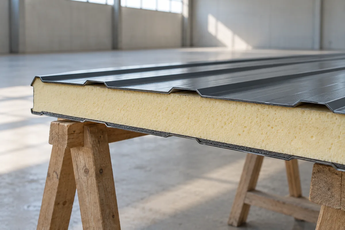 Tranche d’un panneau sandwich de toiture avec ses deux parements d’acier et son âme isolante