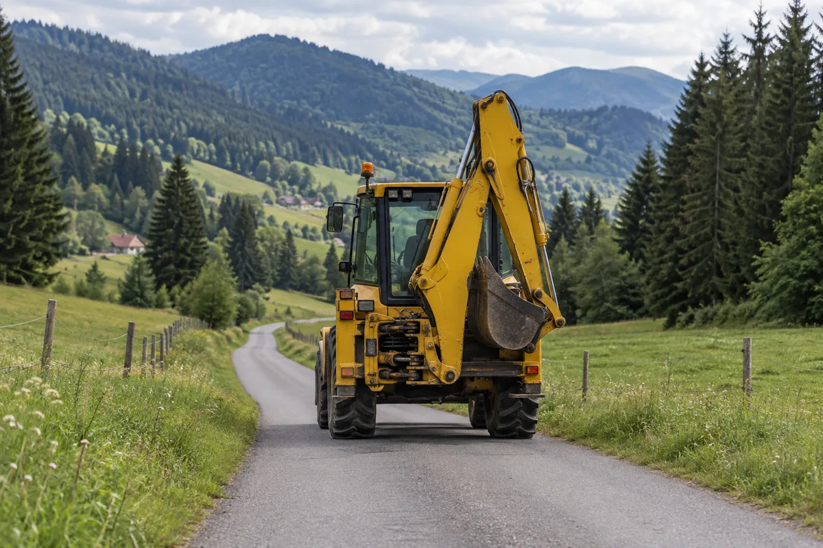 Tractopelle circulant sur une petite route de vallée bordée de prés et de sapins