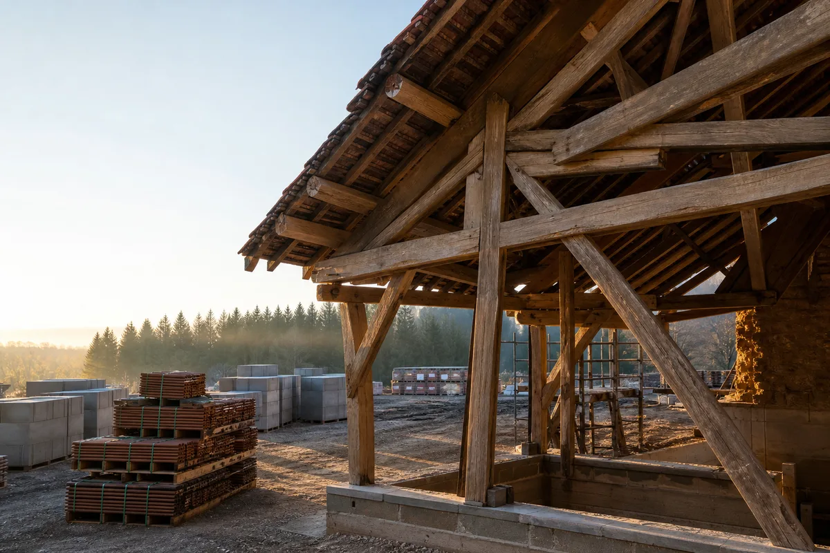 Charpente traditionnelle en bois apparent sous une toiture ancienne