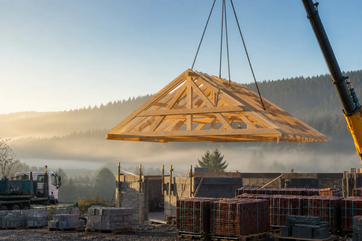 Assemblage de charpente neuve en cours de levage sur un chantier