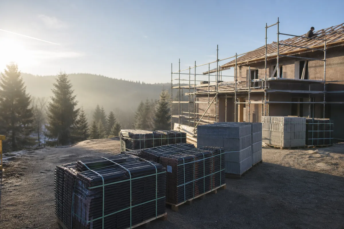 Chantier de rénovation avec échafaudage et matériaux stockés au sol