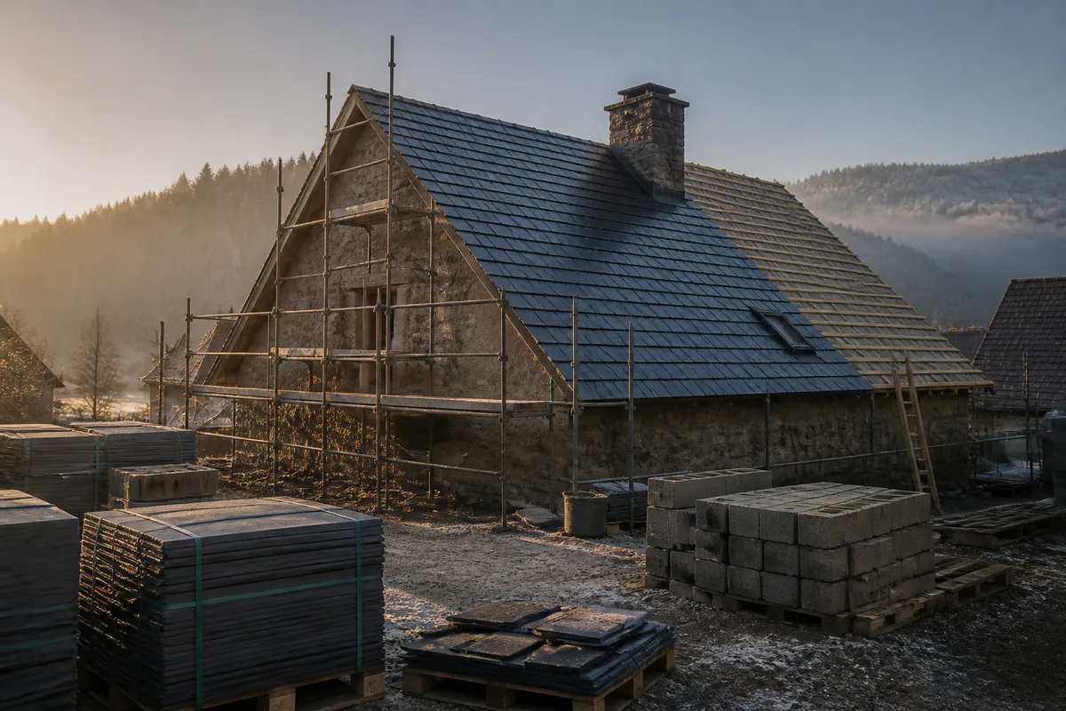 Toiture en ardoise d&rsquo;une maison ancienne sous un ciel d&rsquo;hiver vosgien
