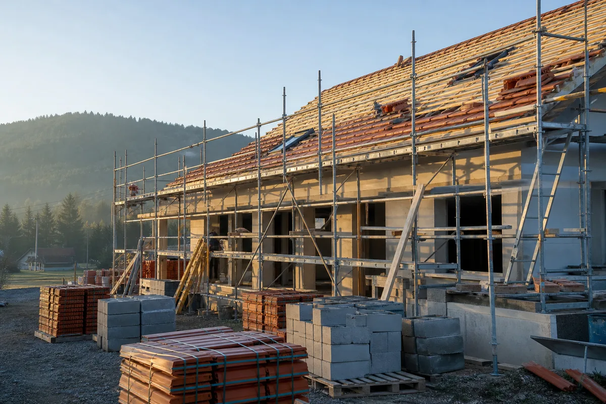 Échafaudage monté le long d&rsquo;une maison pendant une réfection de couverture