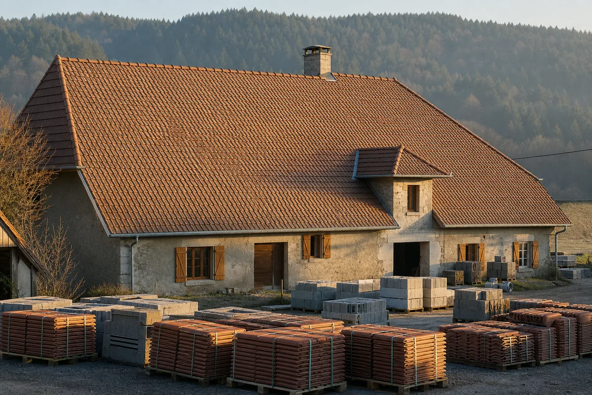 Grande toiture de ferme lorraine couverte en tuile mécanique