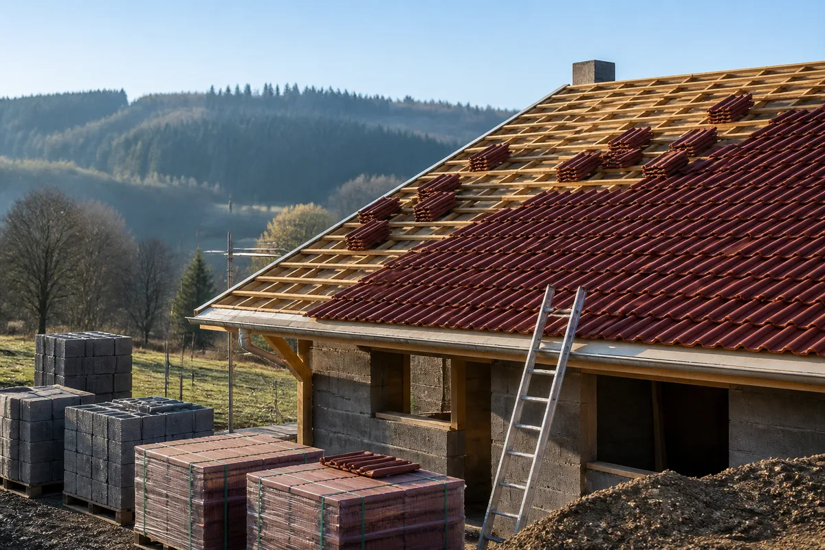 Faîtage d'une maison vosgienne en cours de couverture, rangée de tuiles mécaniques et charpente apparente sous un ciel de montagne