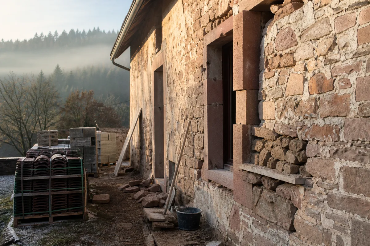 Mur en moellons de grès en cours de reprise sur une maison ancienne