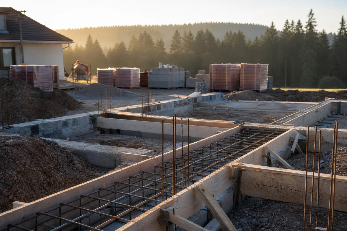 Coffrage et ferraillage d&rsquo;une fondation sur un chantier d&rsquo;extension