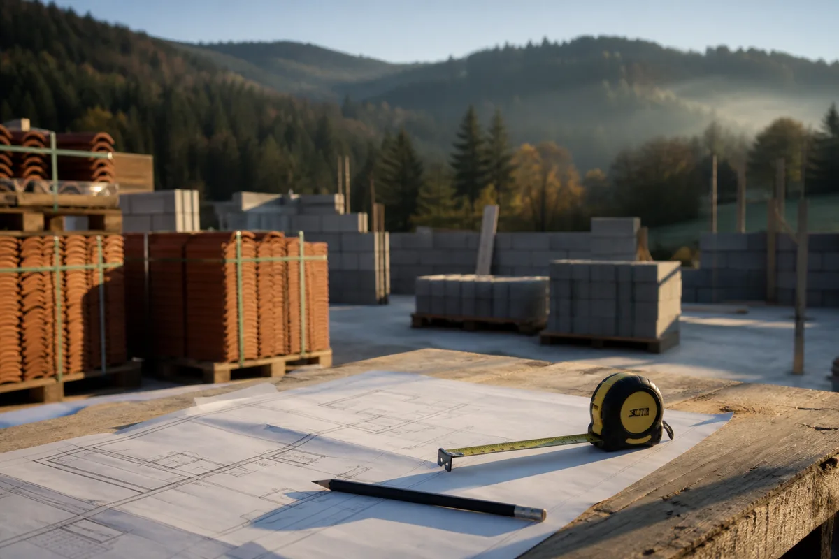 Plans de rénovation étalés sur une table de chantier avec un mètre et un crayon
