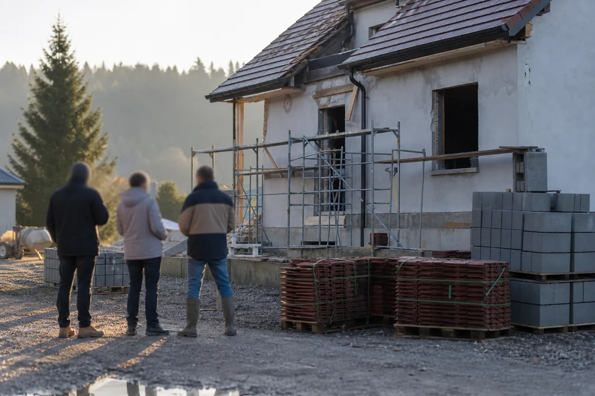 Réunion de chantier devant une maison en cours de rénovation