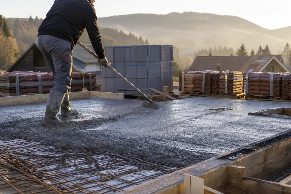 Maçon coulant une dalle béton sur un chantier de maison individuelle