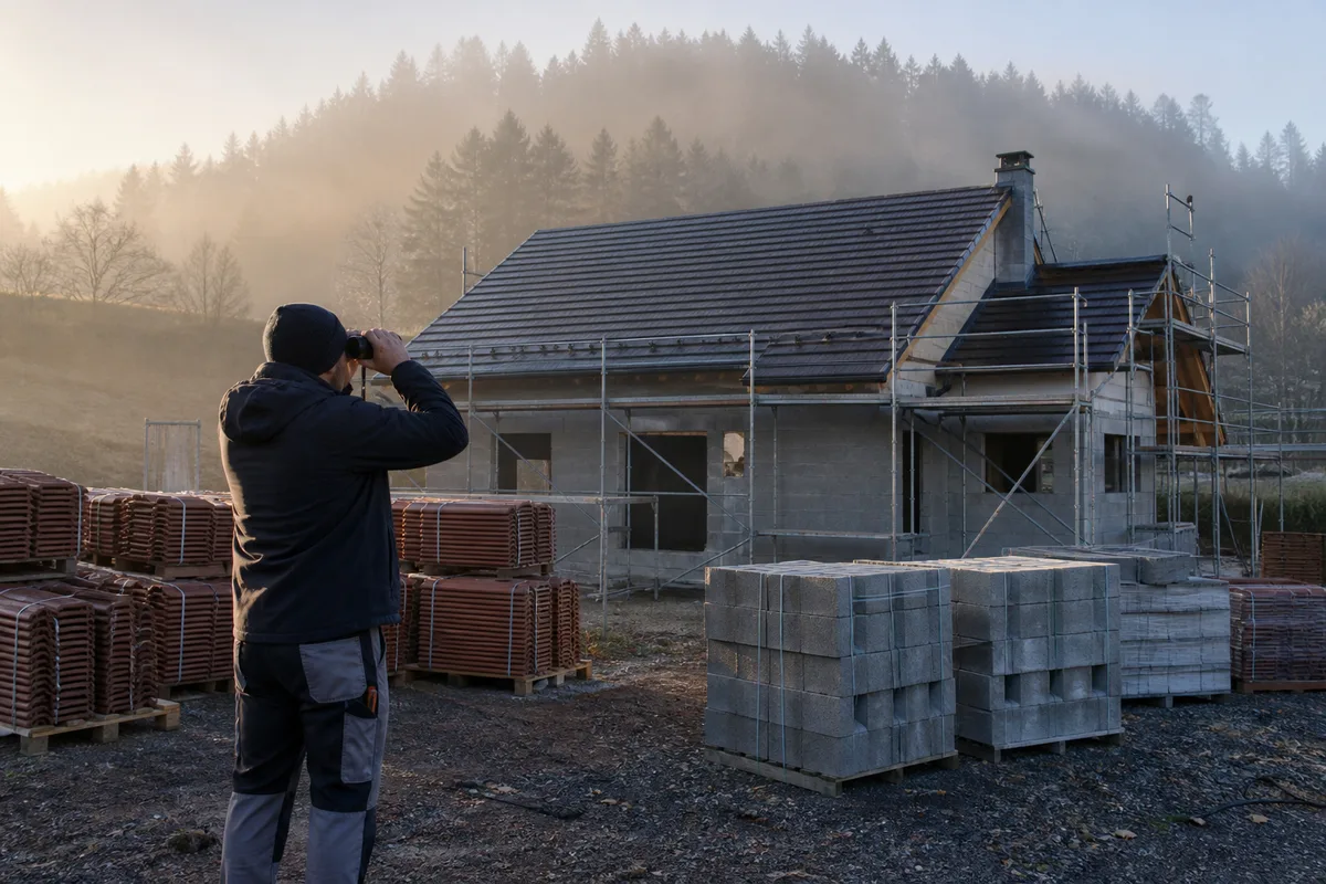 Inspection d’une toiture depuis le sol avec des jumelles en fin d’automne